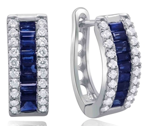 Emerald Cut Sapphire Diamond Hoop Earrings (0.85 CT SAP and 0.40 CT DIA) 