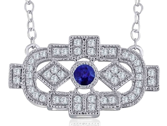 Vintage Style Diamond Bar Pendant with Sapphire (0.10 CT SAP and 0.16 CT DIA) 