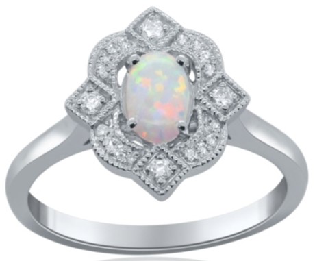 Lab Created Oval Opal Halo Diamond Frame Engagement Ring (0.2 CT OPAL and 0.1 CT DIA) 